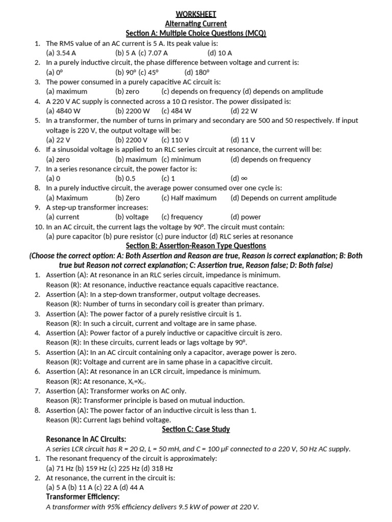 AC Circuit Analysis Worksheet | PDF | Inductor | Electrical Impedance
