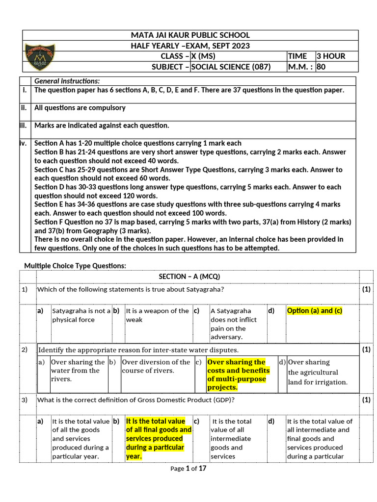 Class X Social Science Half-Yearly Exam 2023 | PDF | Loans