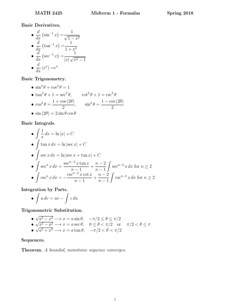 MATH 2425 Midterm 1 Formula Guide | PDF