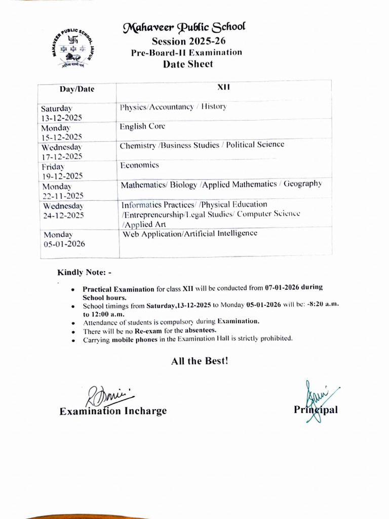 Class XII Pre-Board Exam Date Sheet | PDF