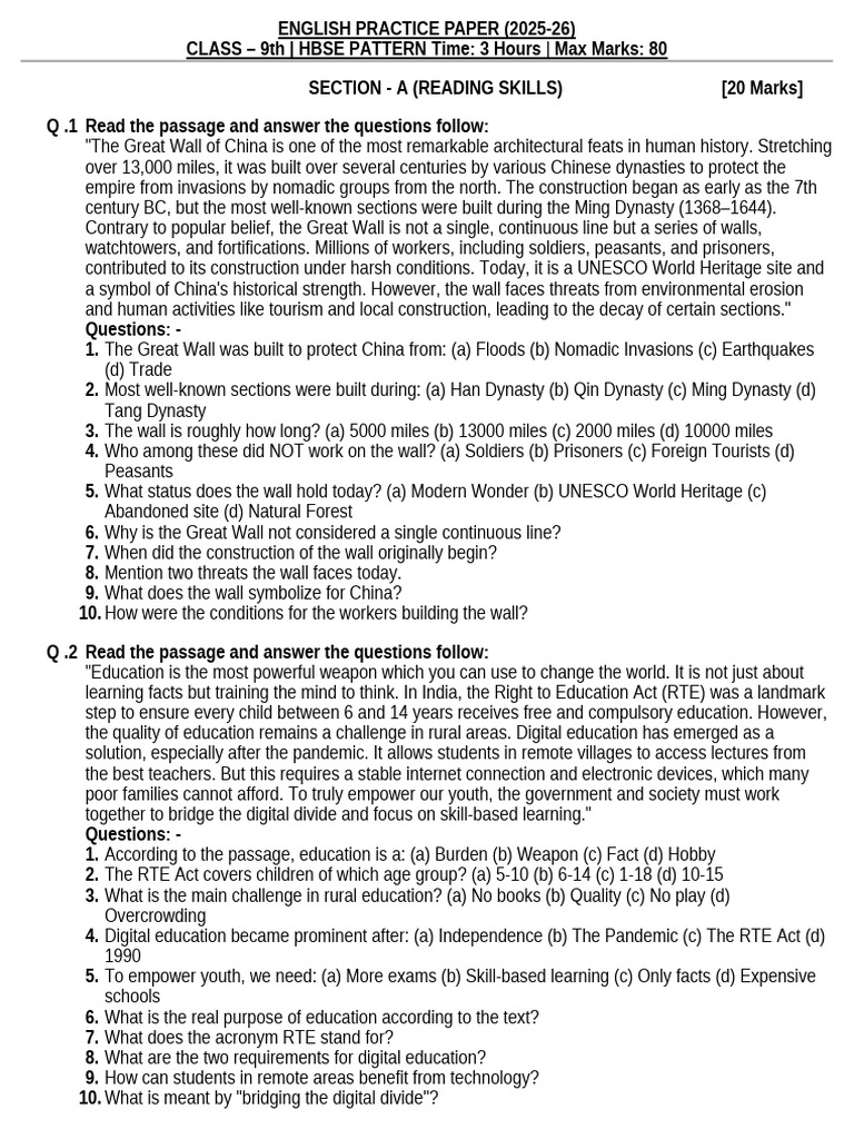 Class 9 English Practice Paper 2025-26 | PDF