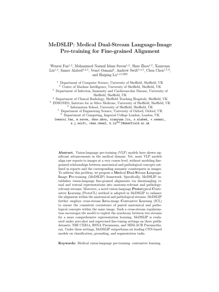 MeDSLIP Medical Dual Stream Language-Image Pre-training Alignment | PDF ...