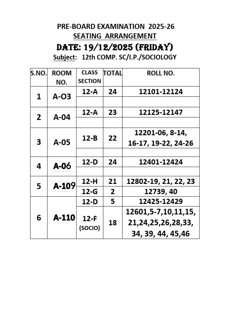 12th Grade Pre-Board Exam Seating Plan | PDF