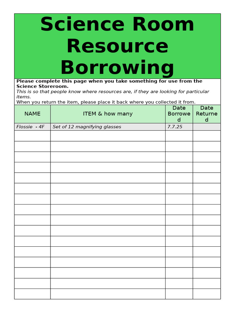 Science Room Resource Borrowing Log | PDF