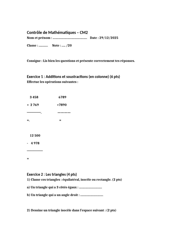 Contrôle de Mathématiques CM2 2025 | PDF