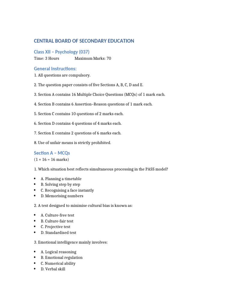 Class XII Psychology Exam Paper Guide | PDF | Cognitive Behavioral ...