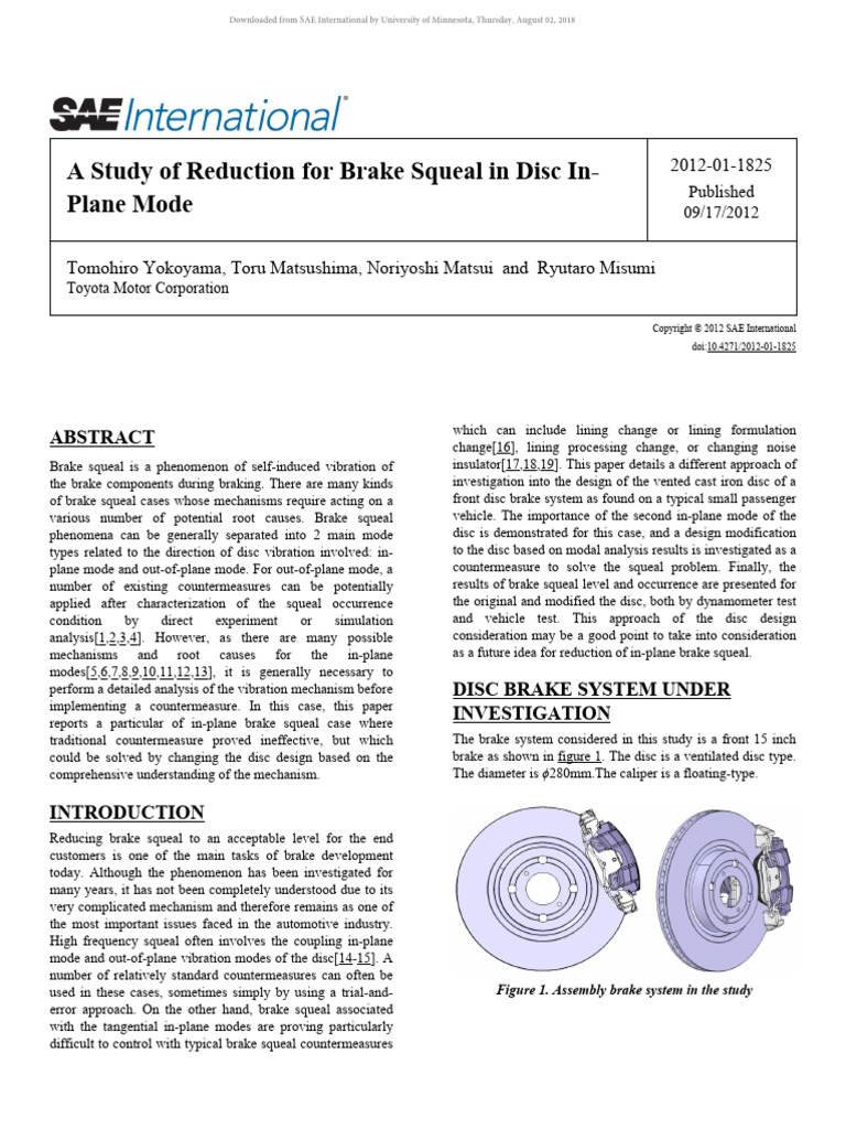 A Study of Reduction for Brake Squeal in Disc InPlane Mode | PDF ...