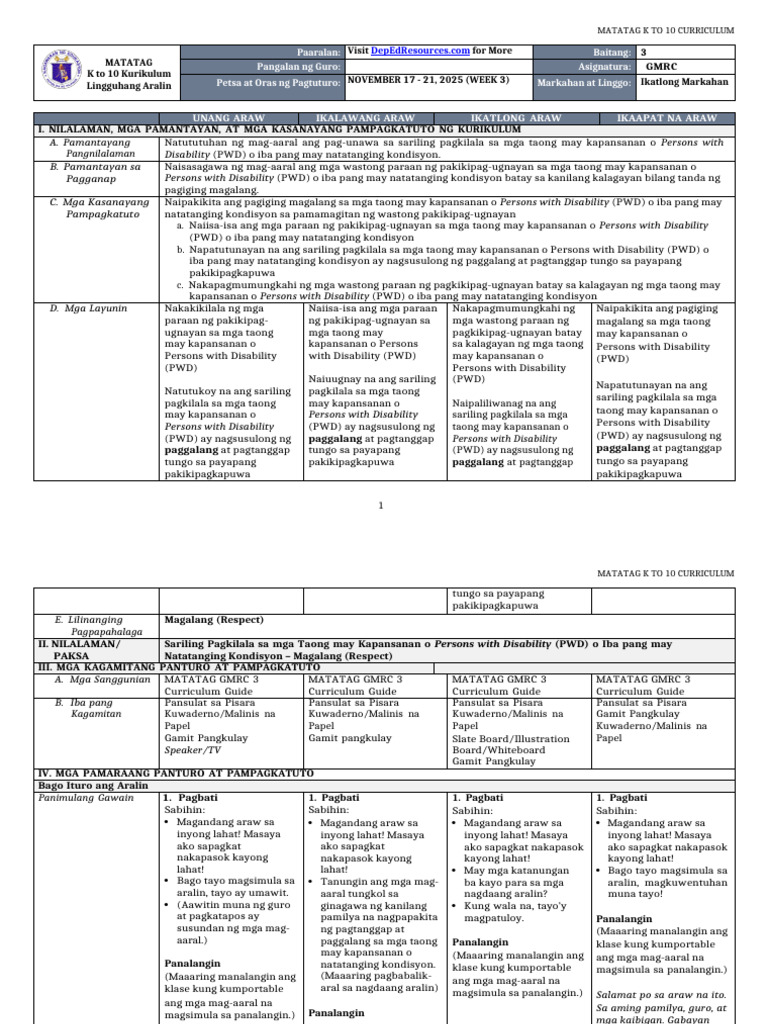 DLL Matatag GMRC 3 q3 w3 | PDF