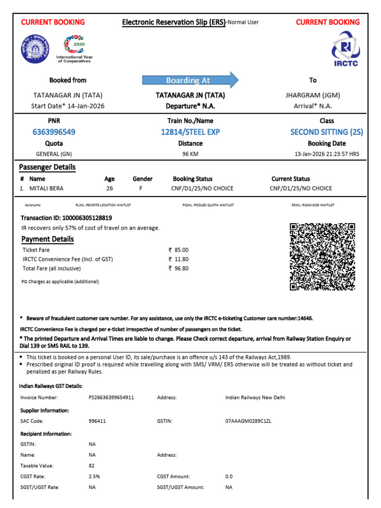 IRCTC Train Booking Confirmation Details | PDF | Identity Document ...