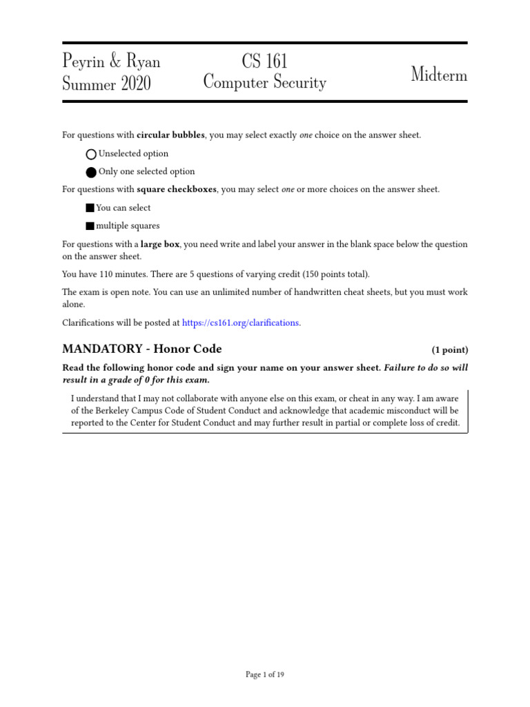 CS 161 Summer 2020 Computer Security Midterm | PDF | Key (Cryptography ...