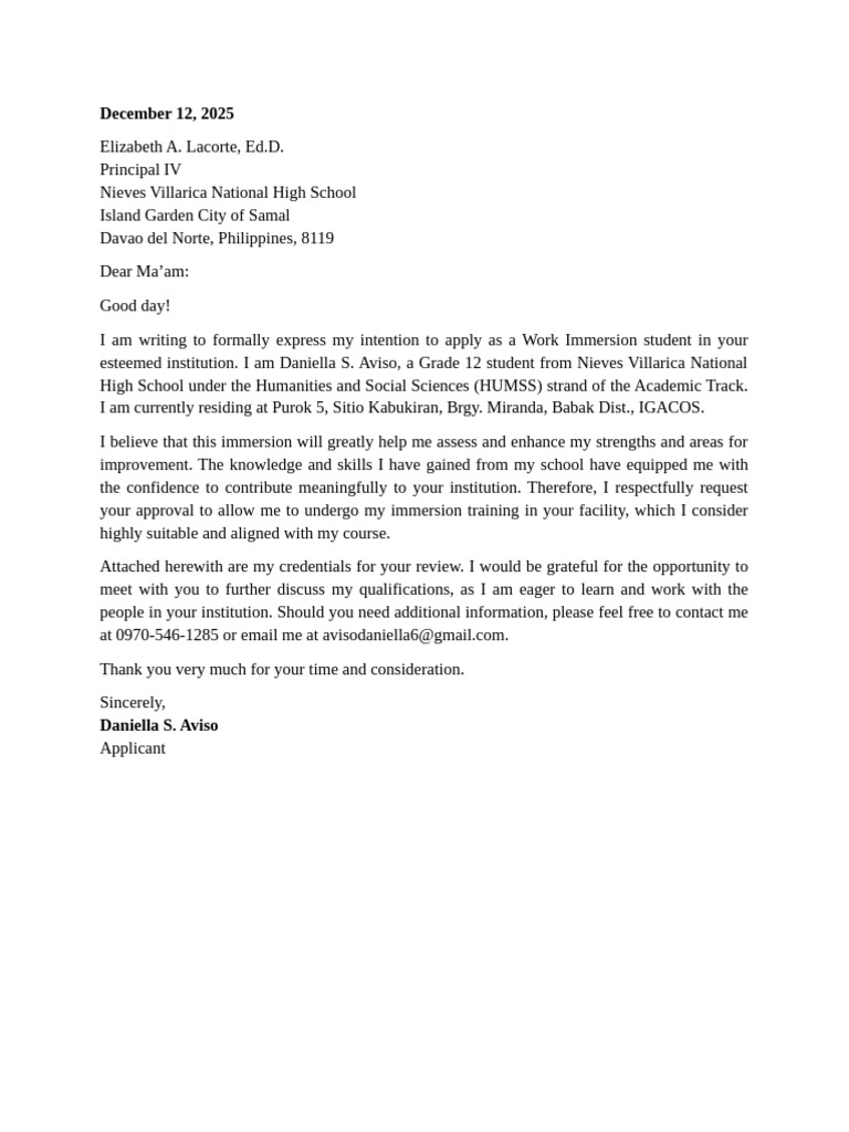 Work Immersion Application Letter | PDF