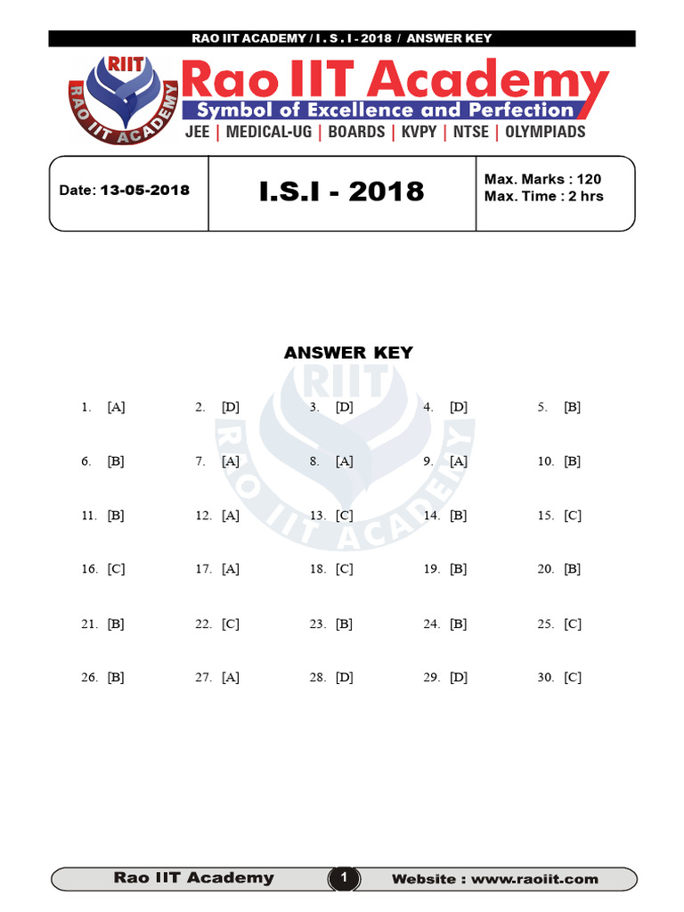F ISI Offical Mathematics Objective Test 13-5-18 KEY | PDF