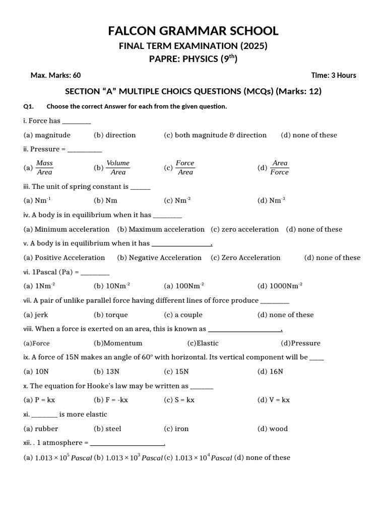9 Physics Final Term Paper 2025 | PDF | Force | Motion (Physics)