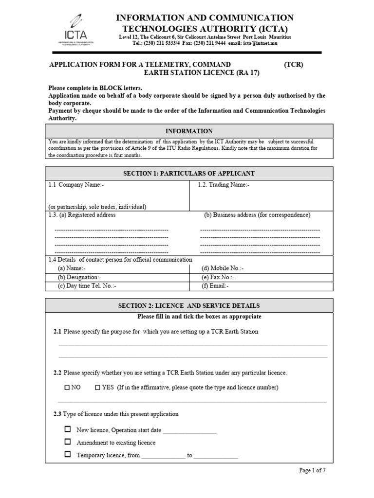 TCR Earth Station Licence Application Form | PDF | Frequency Modulation ...