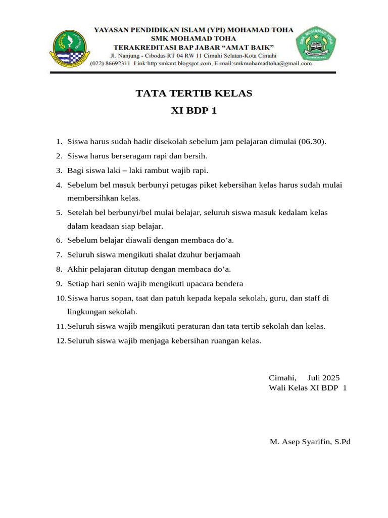 Tata Tertib Kelas XI BDP 1 | PDF
