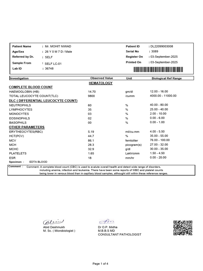 Complete Blood Count and Serology Report | PDF | Serology | White Blood ...