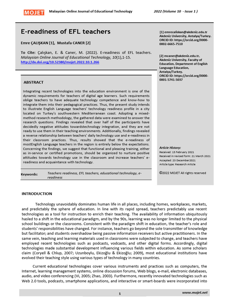 E-readiness of EFL teachers | PDF | Educational Technology | Teachers