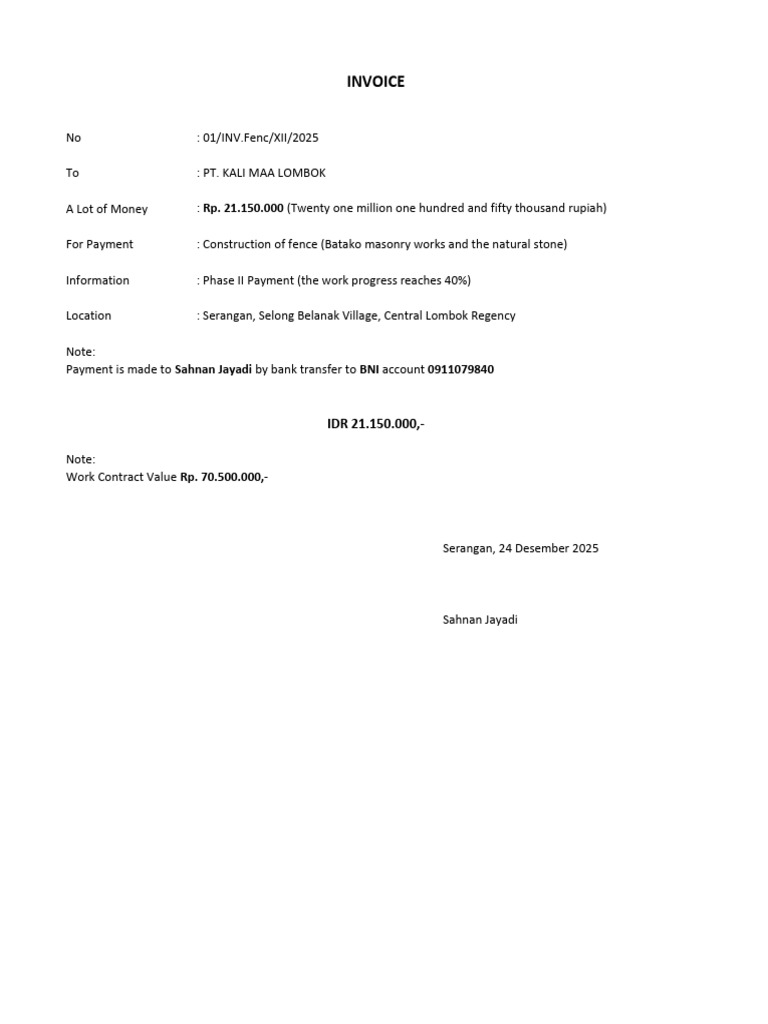 Invoice for Fence Construction Payment | PDF