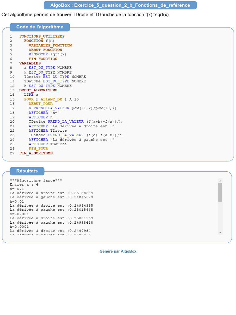 Dérivées de f(x)=sqrt(x) avec AlgoBox | PDF