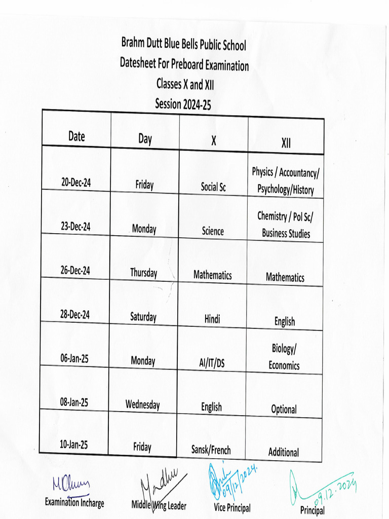 1733732569484 Datesheet Pre Board Examination Grade X and XII (1) | PDF