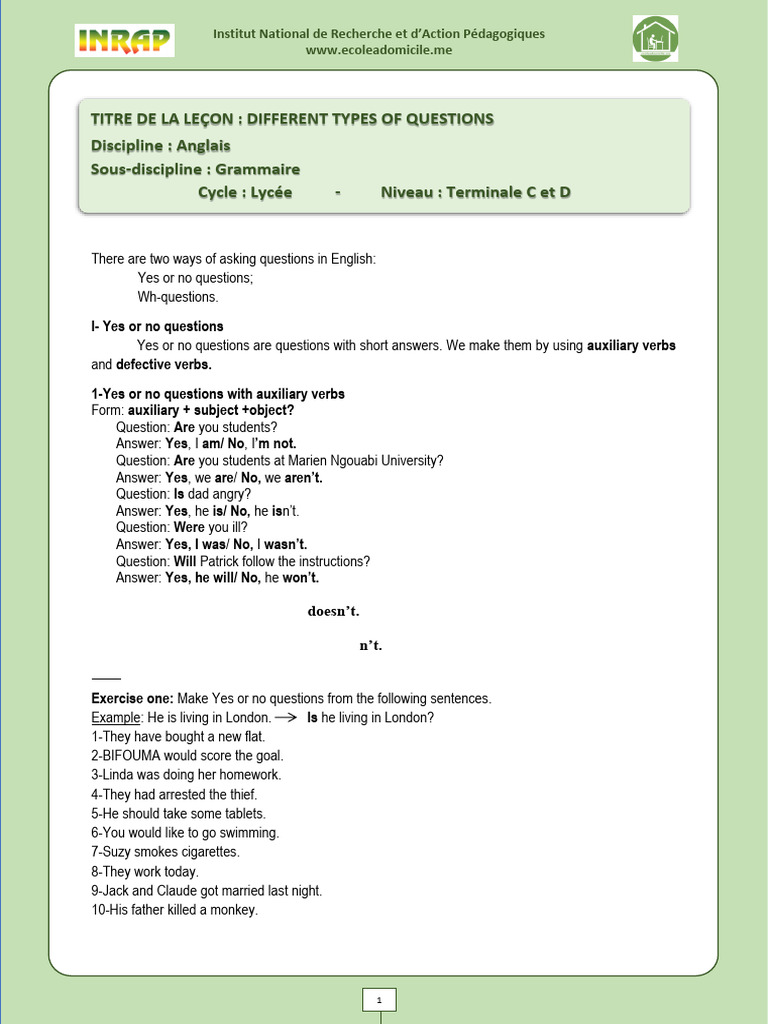 Types of Questions in English Grammar | PDF | Question | Language Mechanics