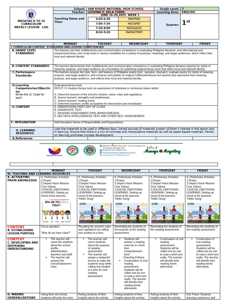 Grade 7 English Weekly Lesson Plan | PDF | Teachers | Learning