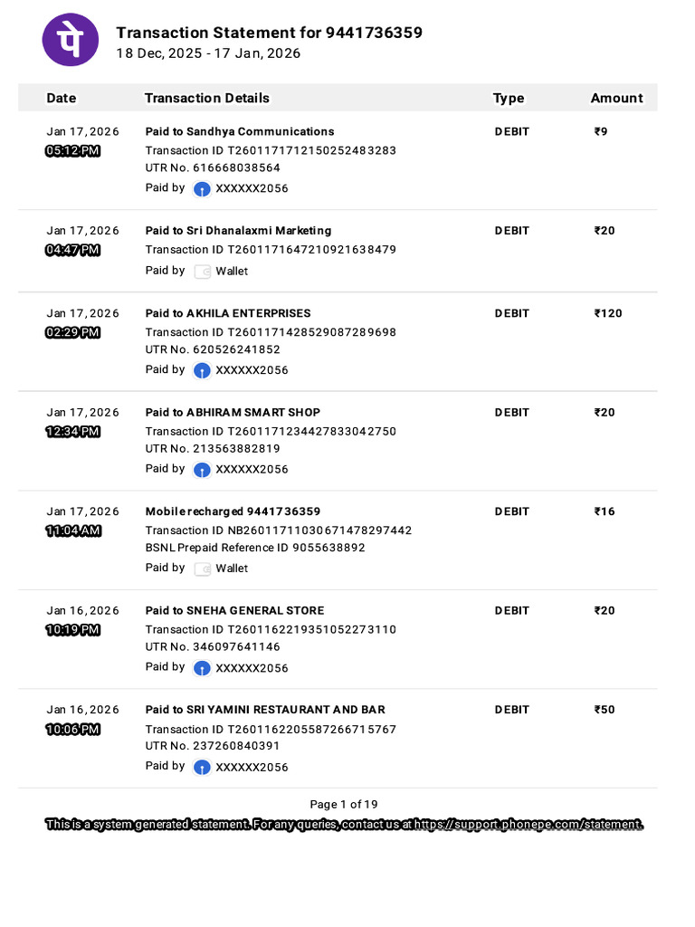 Transaction Statement for 9441736359 | PDF | Debit Card | Debits And ...