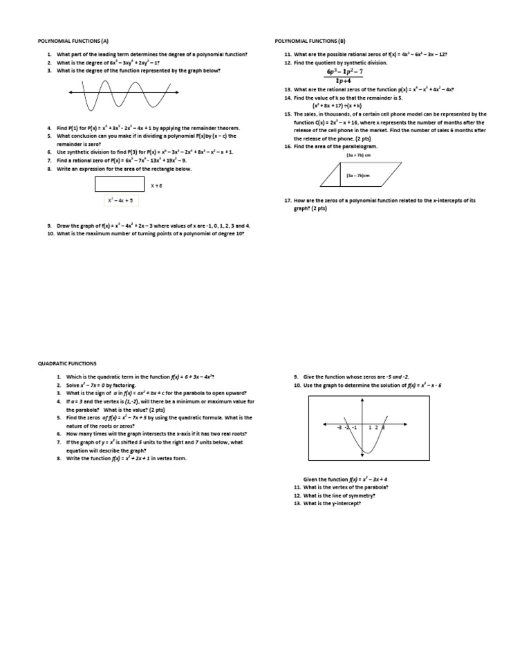 Polynomial and Quadratic Functions Guide | PDF | Polynomial | Quadratic ...