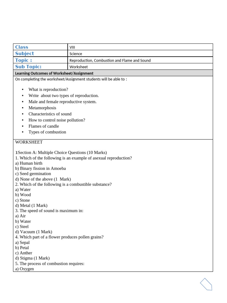 Class 8 Science Revision Worksheet | PDF | Reproduction | Sound