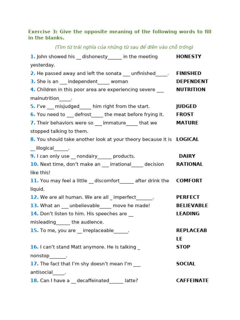 Opposite Words Exercise Worksheet | PDF