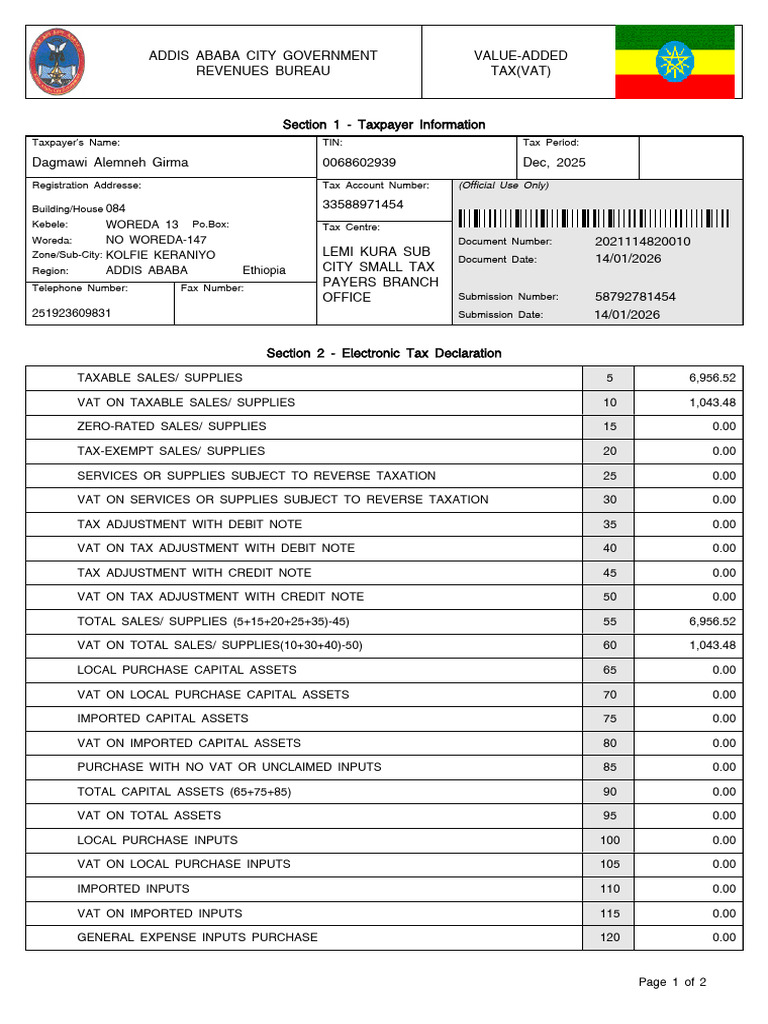 Addis Ababa VAT Declaration Form | PDF | Value Added Tax | Taxes