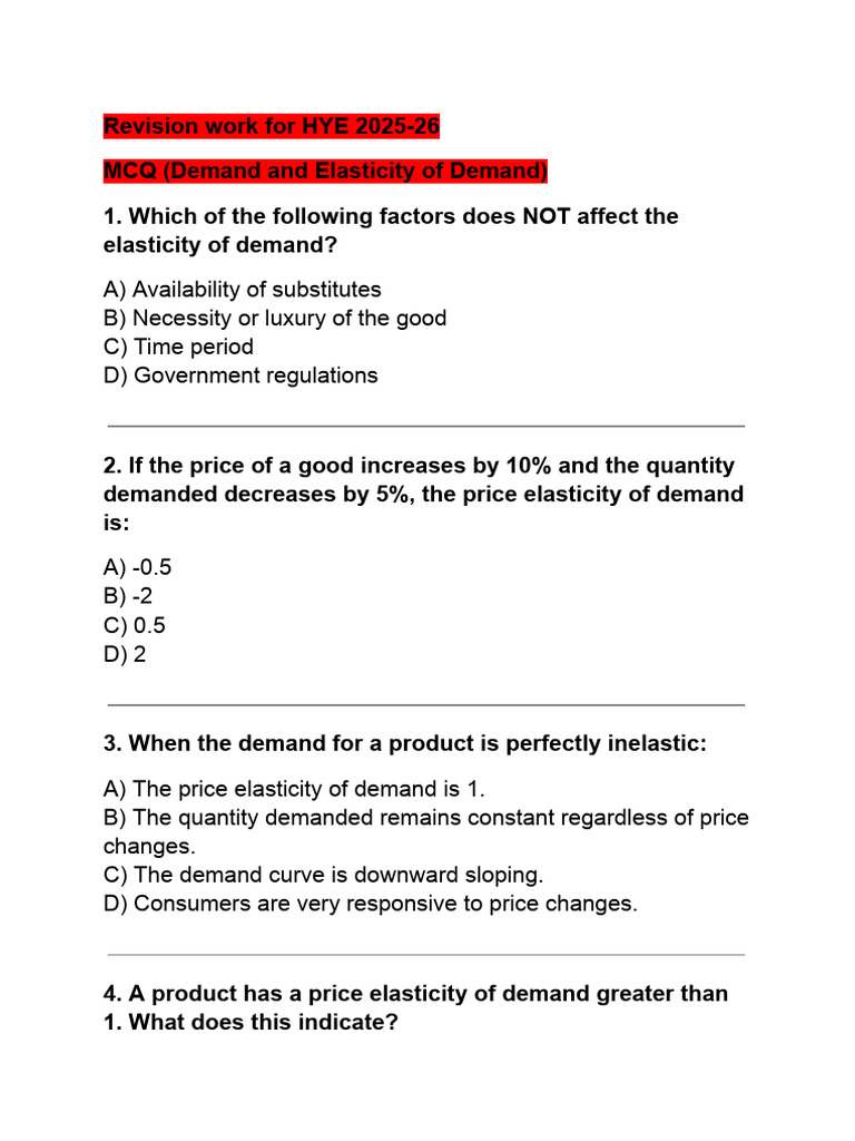 MCQs on Demand and Elasticity Concepts | PDF | Elasticity (Economics ...