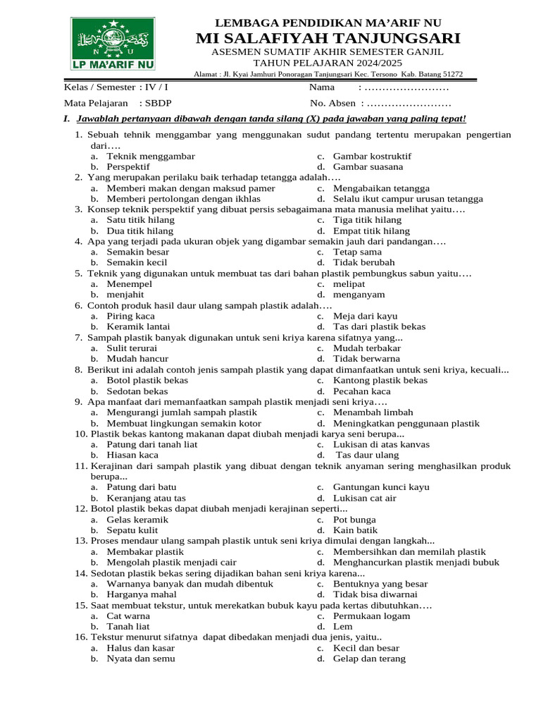 Asesmen Akhir SBDP Kelas IV 2024/2025 | PDF