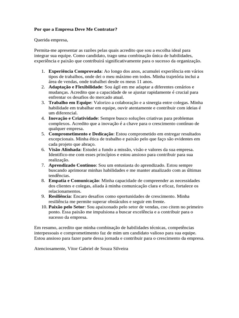 Razões para Me Contratar na Empresa | PDF | Inovação | Aprendizado