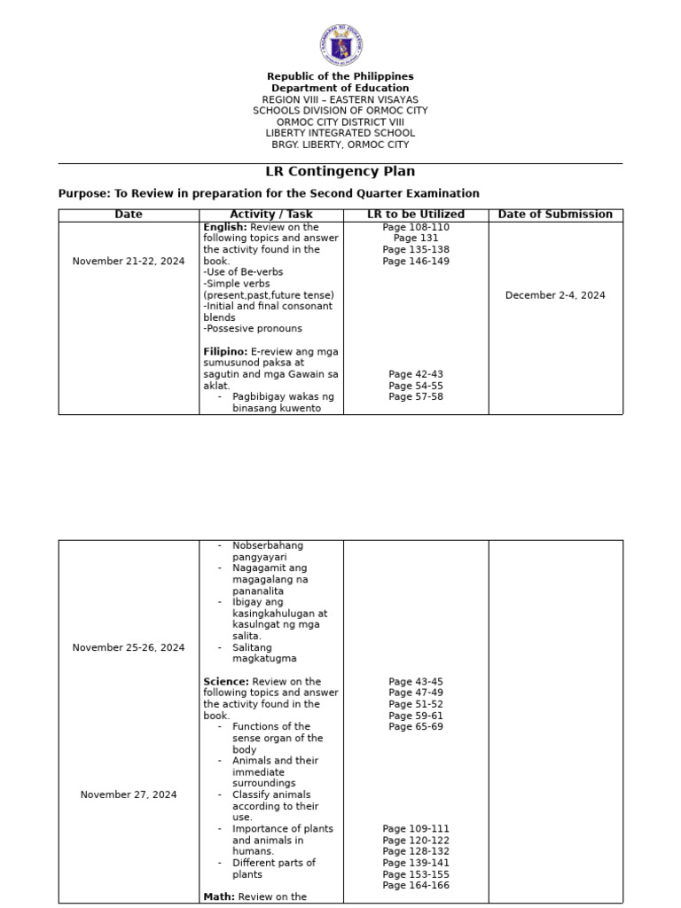 LR Contingency Plan for Second Quarter Exam | PDF | Linguistic ...