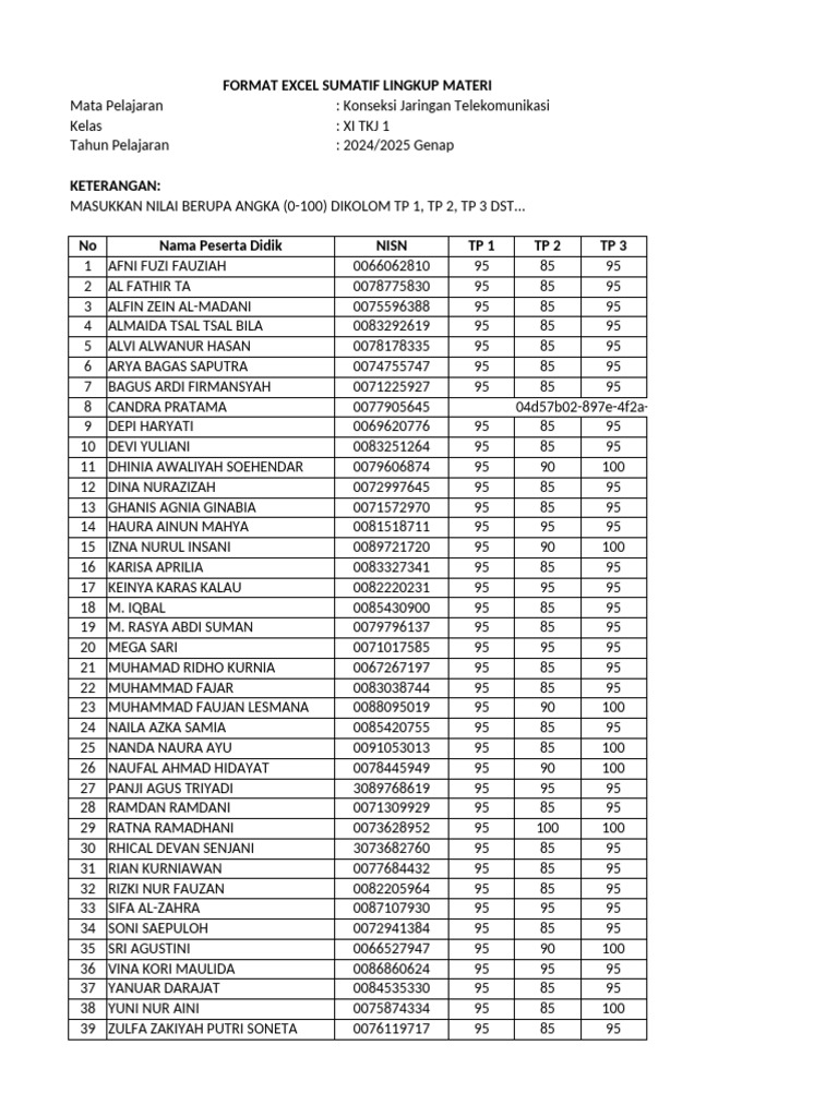 Excel Format for Telecom Class XI | PDF