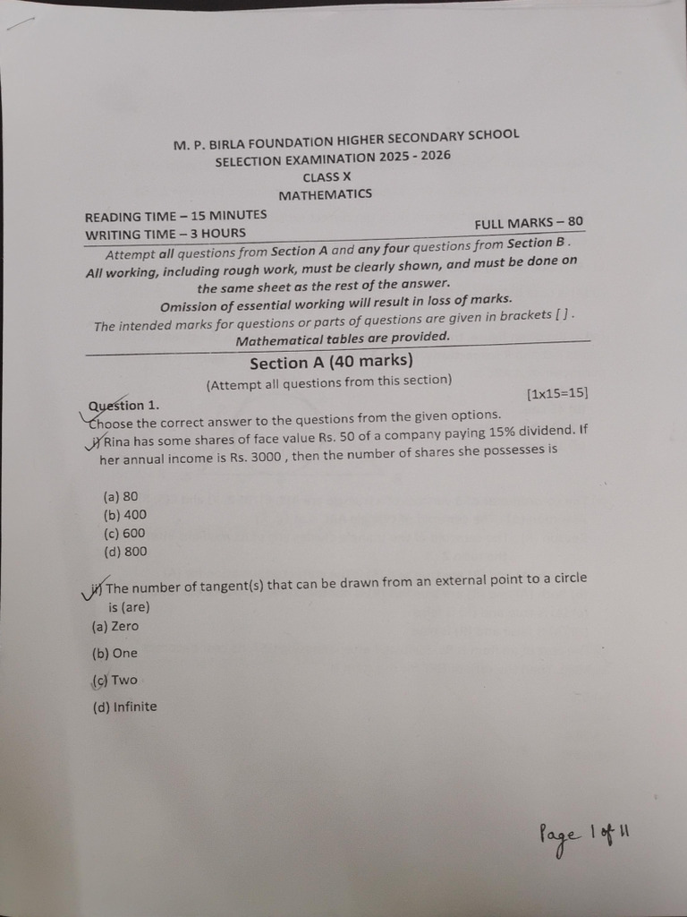 Mathematics Selections Paper 2025 | PDF