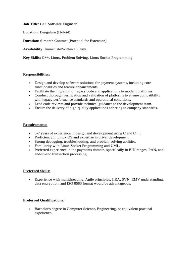 C++ Developer Jd | PDF