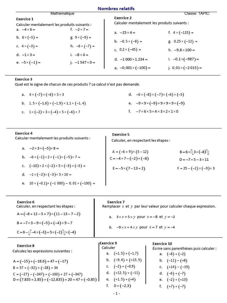 Exercices de calcul sur les nombres relatifs | PDF