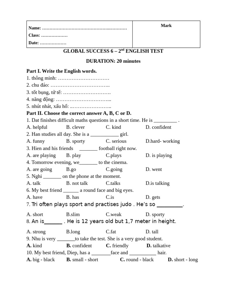 2nd English Test for Global Success 6 | PDF