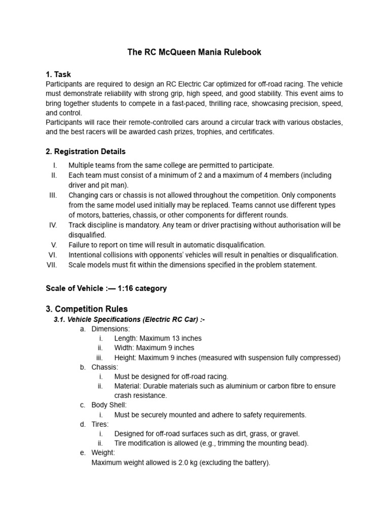 RC McQueen Mania Competition Rules | PDF | Off Roading | Vehicles