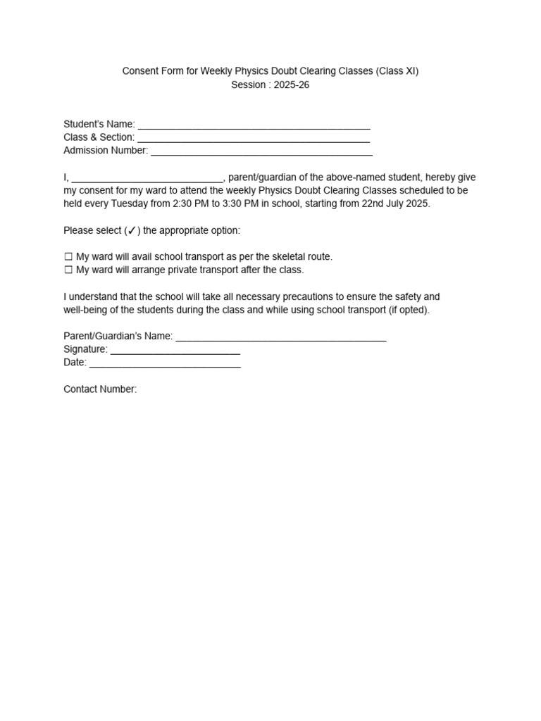 Consent Form for Physics Classes 2025-26 | PDF