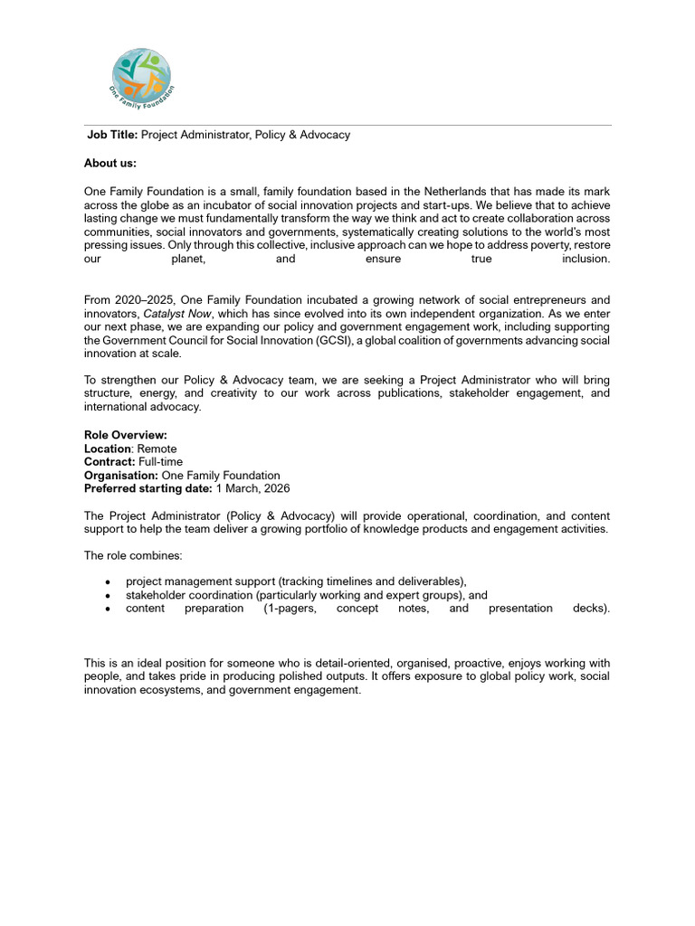 Project Administrator for Policy Advocacy | PDF | Innovation | Project ...