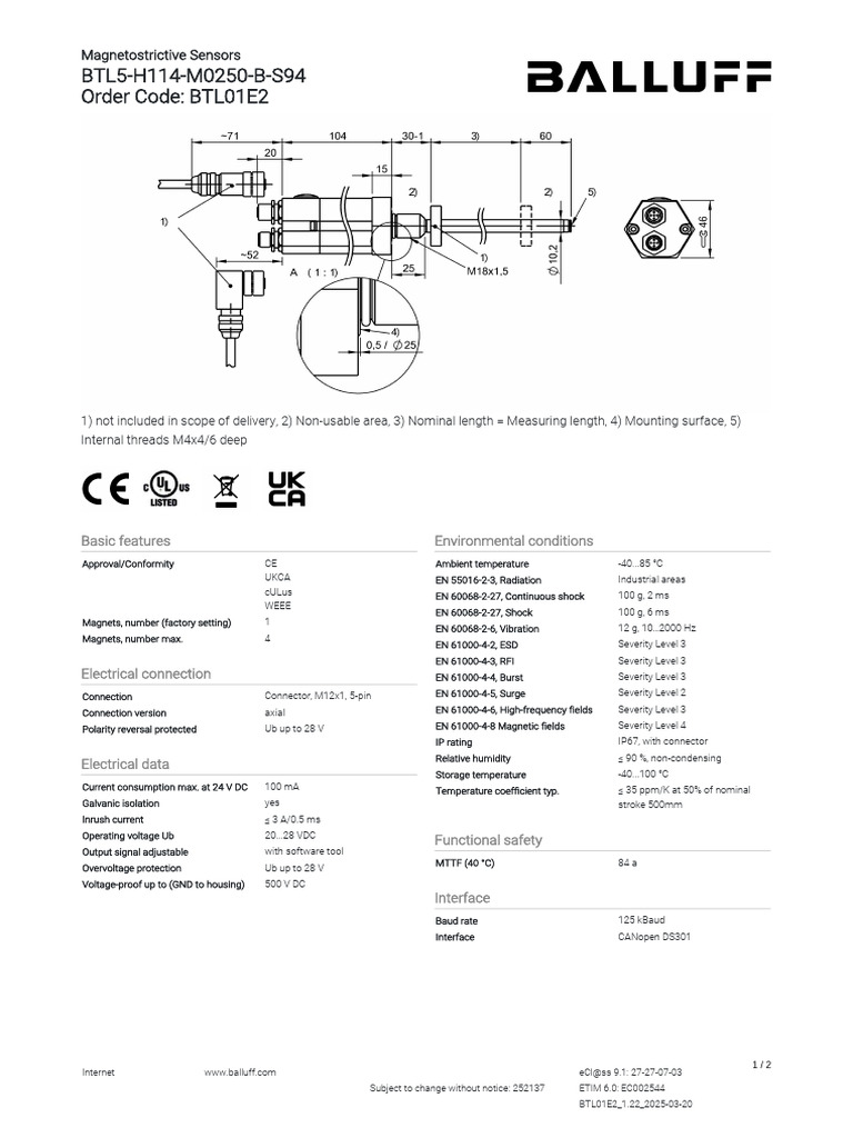 Magnetostrictive Sensor BTL5-H114 Specs | PDF | Electromagnetism ...