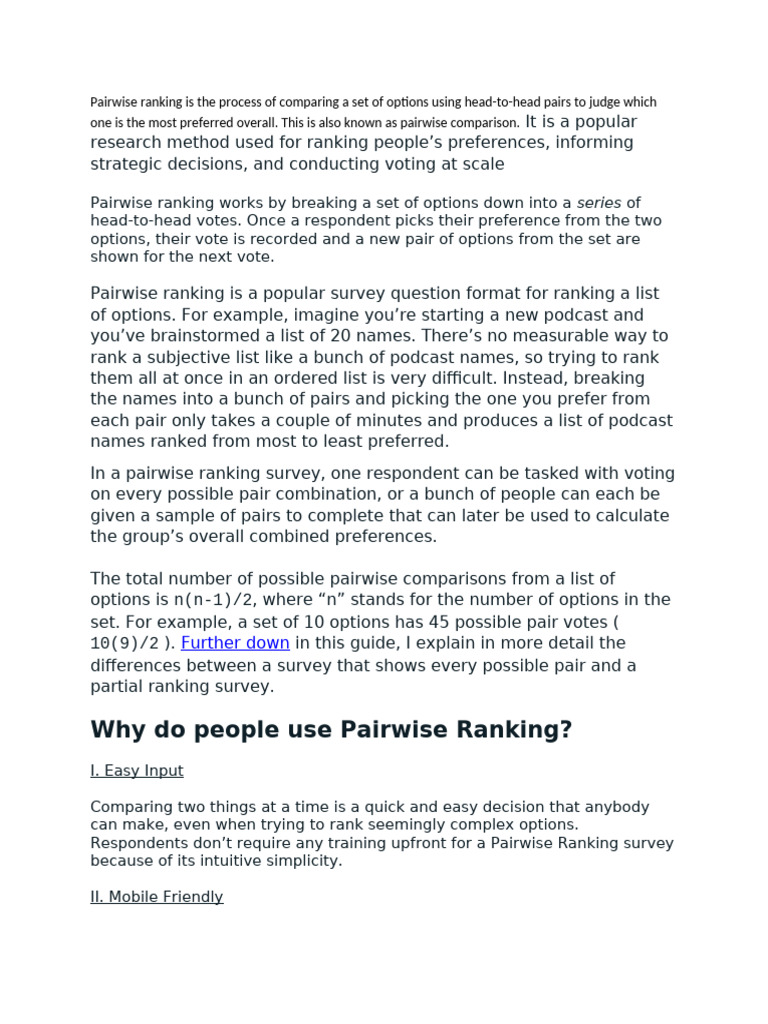 Pairwise ranking is the process of comparing a set of options using ...