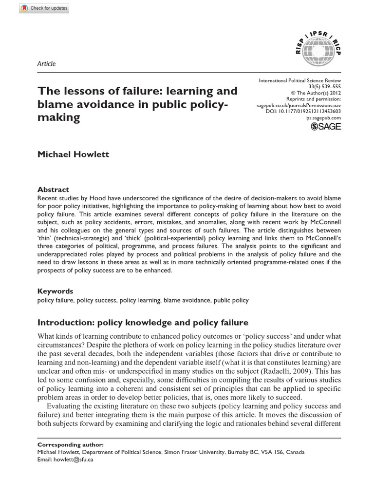 Howlett 2012 the Lessons of Failure Learning and Blame Avoidance in ...