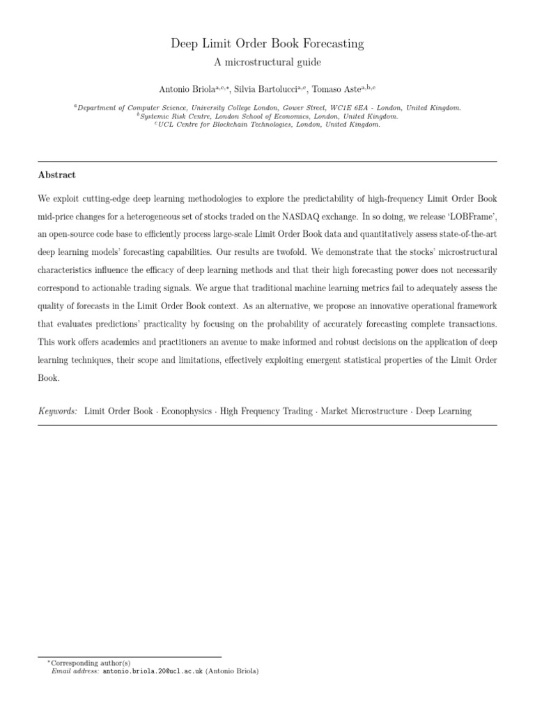Deep Learning for Limit Order Book Forecasting | PDF | Forecasting ...