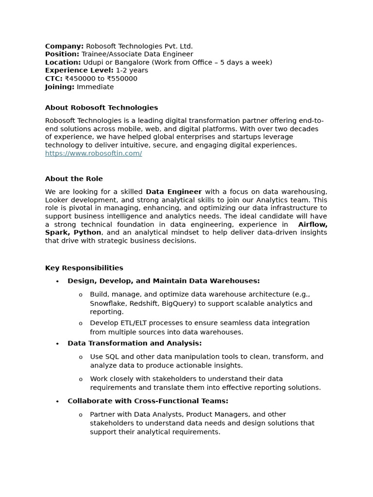 DataEngineer_RobosoftJD | PDF | Data Warehouse | Data Management
