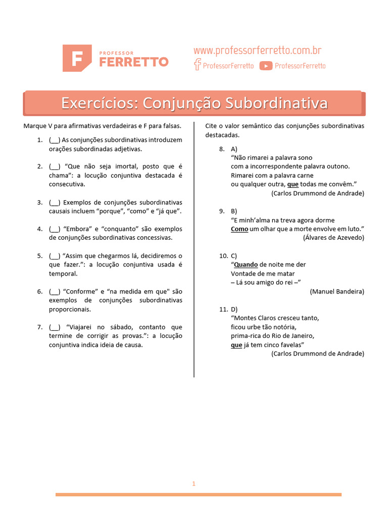 Exercícios sobre Conjunções Subordinativas | PDF