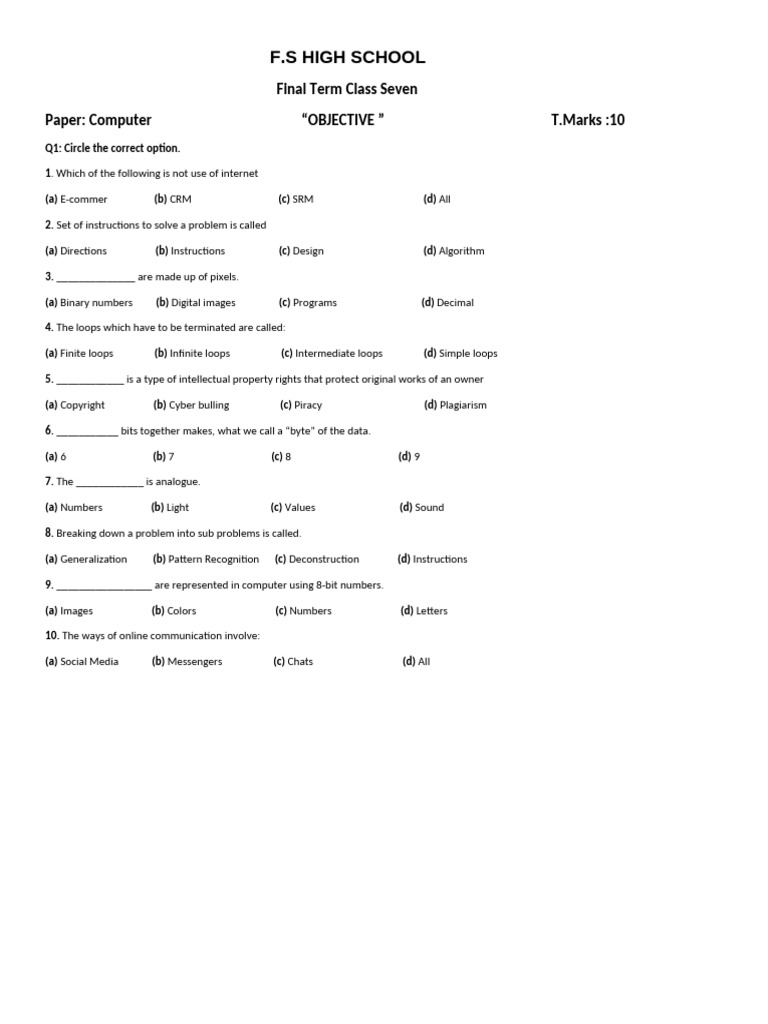 Computer Objective Questions for Class 7 | PDF